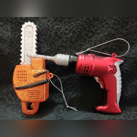Set of 2 Construction themed Tool Christmas Ornaments Drill Saw - Picture 2 of 2